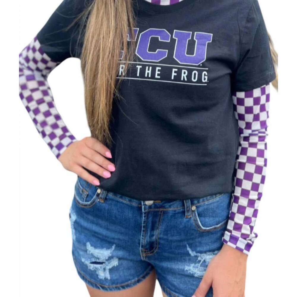 NEW STERLING KREEK checkered long sleeve top in purple/white - Picture 2 of 3